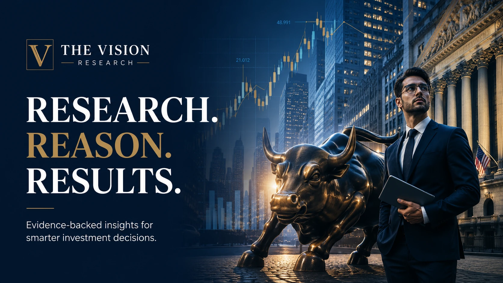 Illustrative illustrative financial research scene with a professional and bull sculpture in an urban market setting visual for Evidence before action. Risk before expectation..