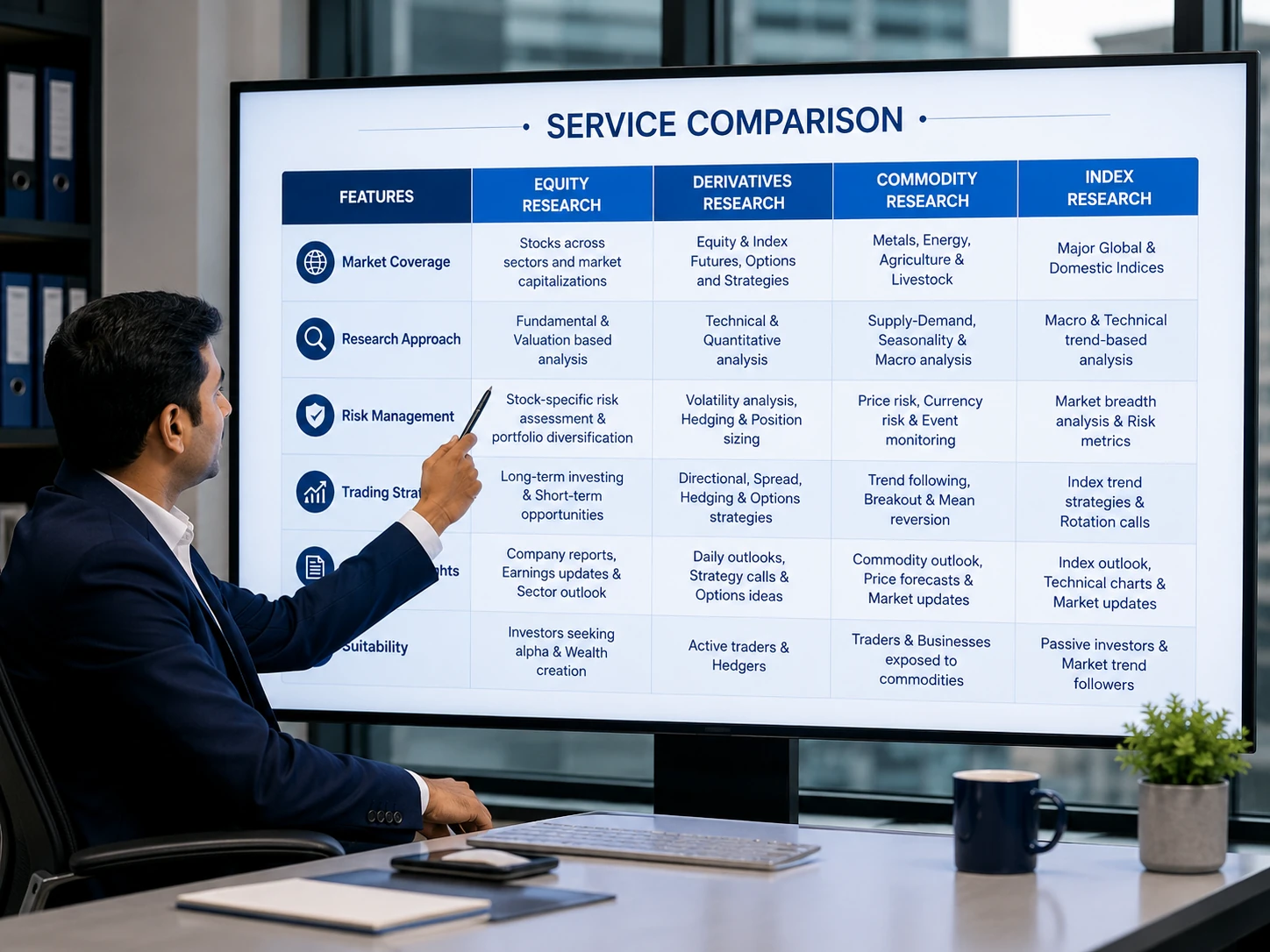 Illustrative research evidence and communication workflow visual for Research services organised by market, horizon and complexity..