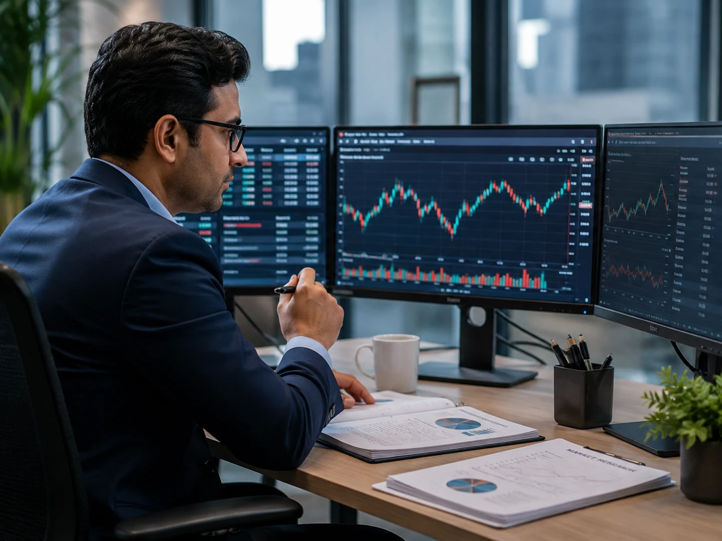 Illustrative illustrative financial research professional reviewing evidence and research documents visual for Independent research built around evidence, records and investor
    