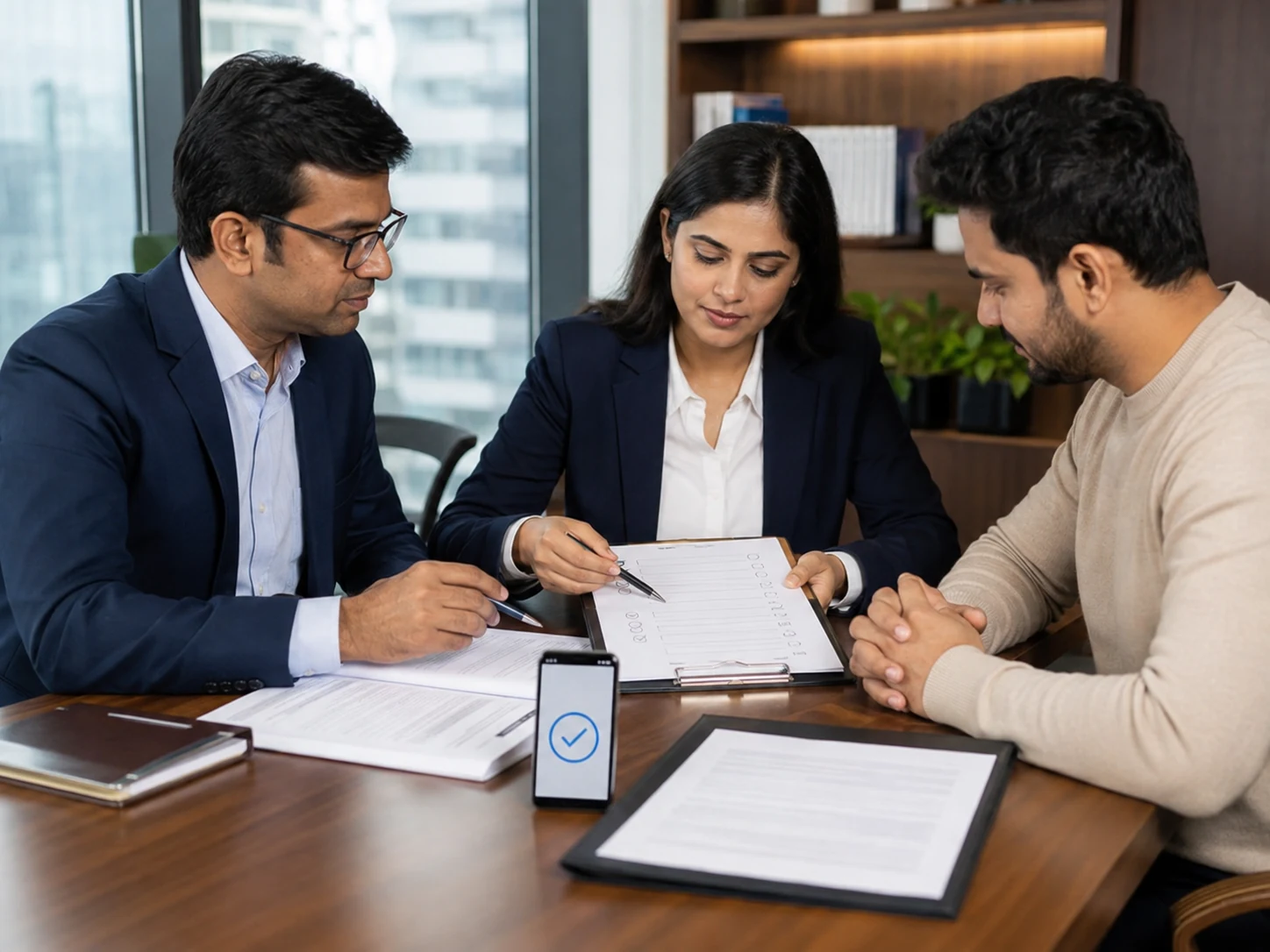 Illustrative research professionals reviewing a documented evidence and risk control workflow visual for Evidence before action. Risk before expectation..